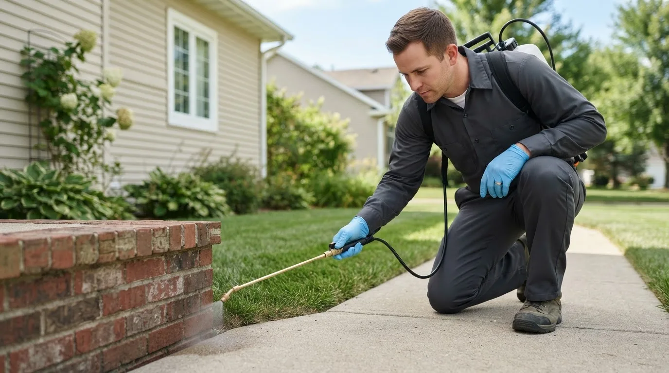 Pest control technician treating a home near Crandall, IN