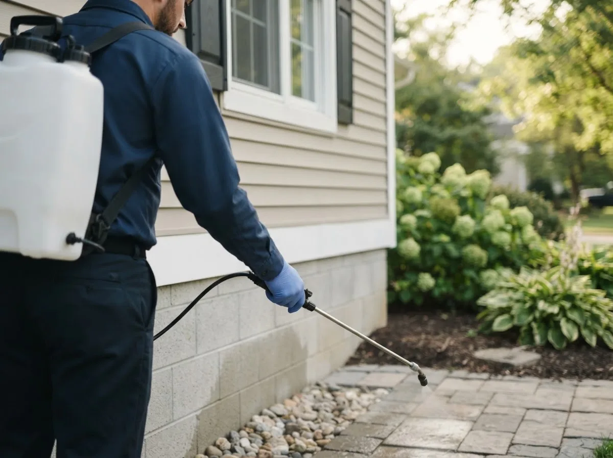 Pest control technician inspecting a home in Crandall, IN
